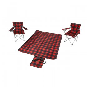 Ozark Trail 3 Piece Buffalo Plaid Camping Chairs and Blanket Combo, Red, Adult