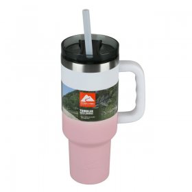 Ozark Trail 40 oz Vacuum-Insulated Stainless-Steel Tumbler with Handle, Pink/White