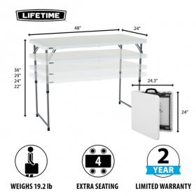 Lifetime 4428 Height Adjustable Craft Camping and Utility Folding Table, 4 ft, 4'/48 x 24, White Granite