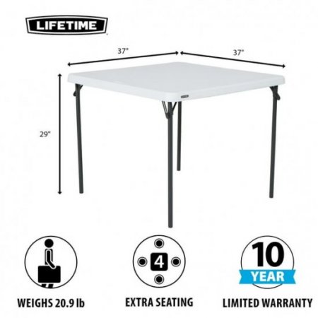 Lifetime 37 inch Square Folding Table, Indoor/Outdoor Commercial Grade, White Granite (80783)