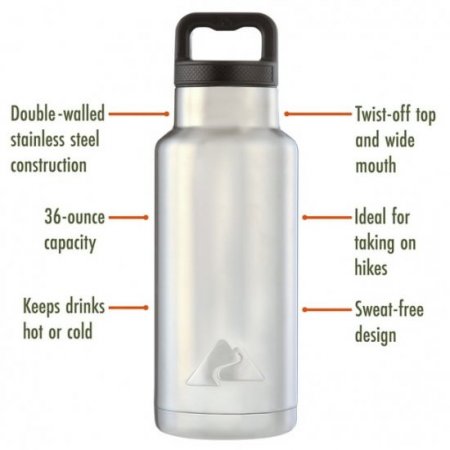 Ozark Trail 36 oz Double-Wall Vacuum-Sealed Stainless-Steel Insulated Water Bottle with Wide Mouth Lid, Silver & Black